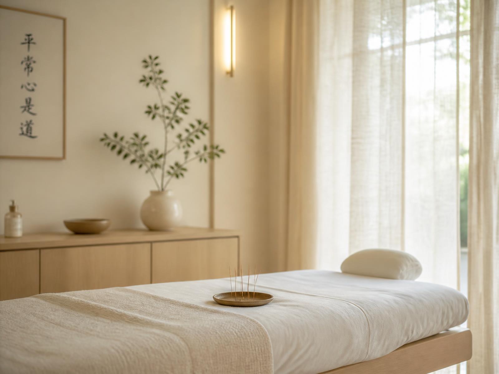 Sunlit acupuncture treatment room with linen curtains and a wooden table